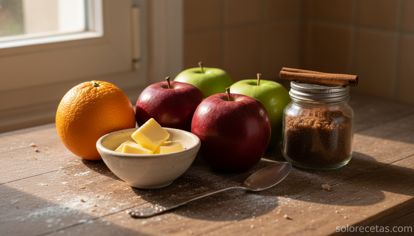 Ingredientes de manzanas asadas al horno dispuestos sobre encimera de cocina