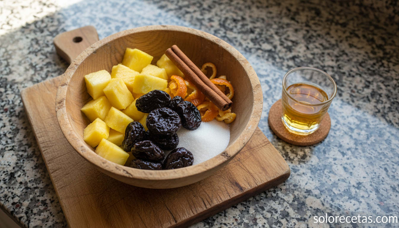 Ingredientes para piña asada con ciruelas pasas dispuestos sobre encimera de cocina