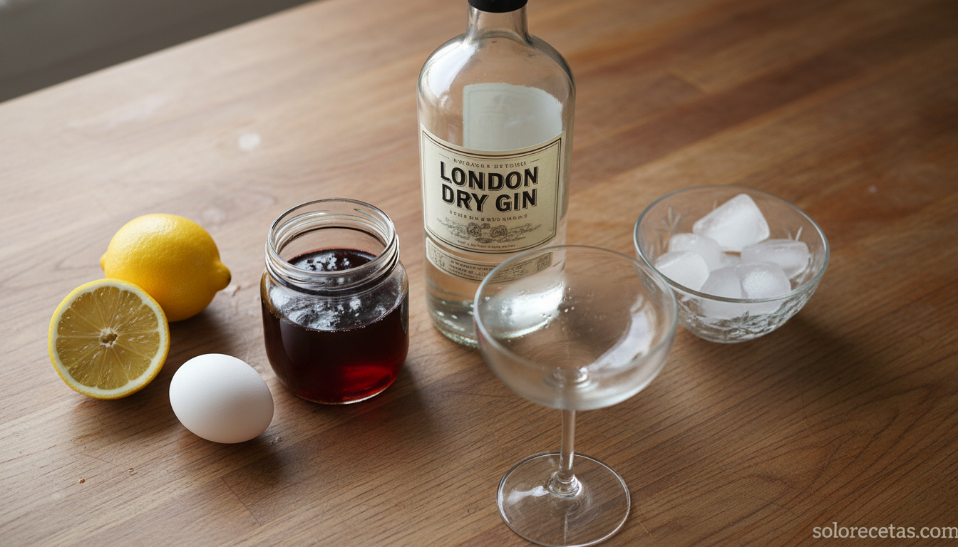 Ingredientes para preparar un cóctel Pink Lady: ginebra, granadina, limón, clara de huevo y hielo