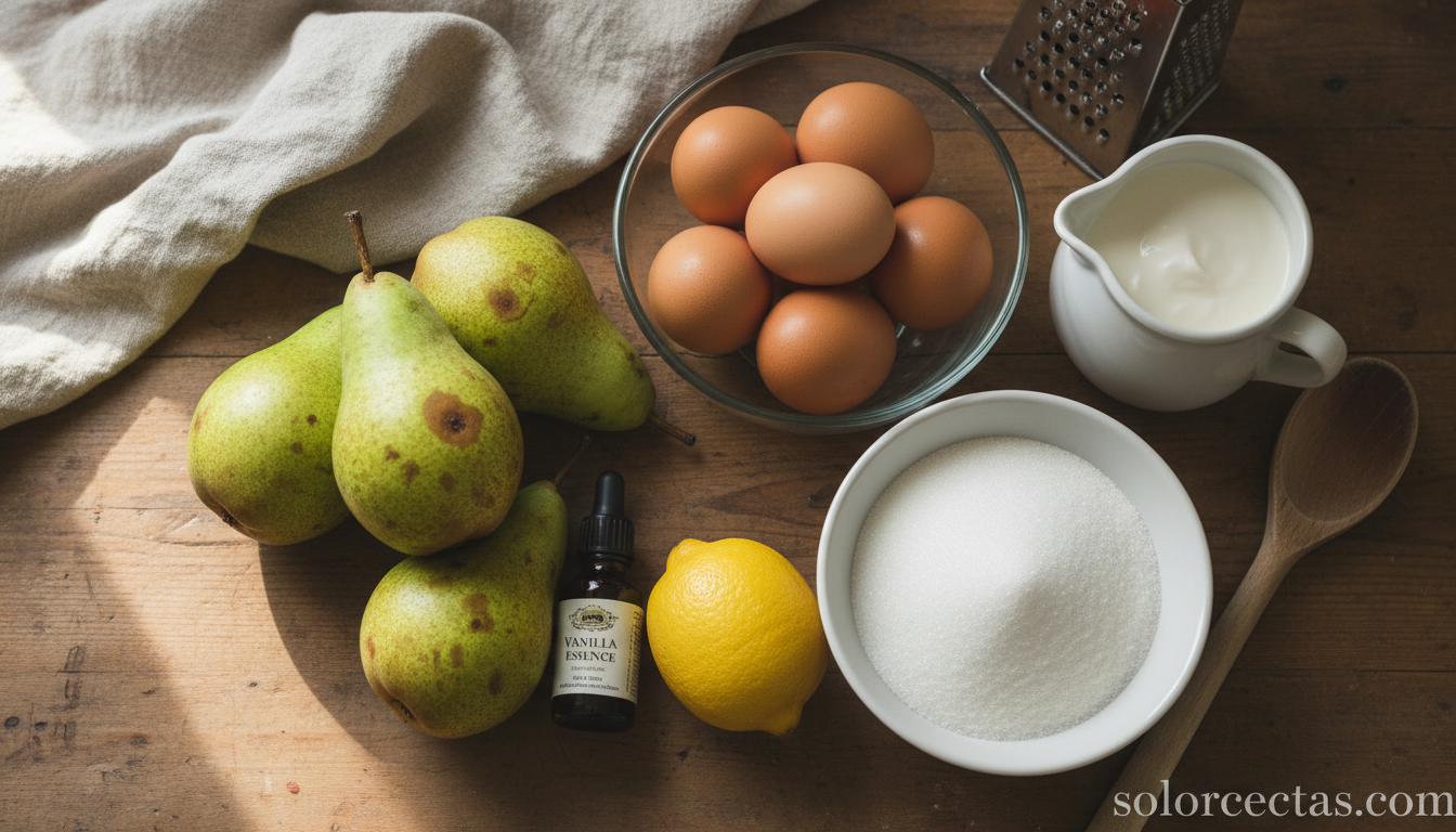 Ingredientes para hacer pudín de pera dispuestos en la encimera