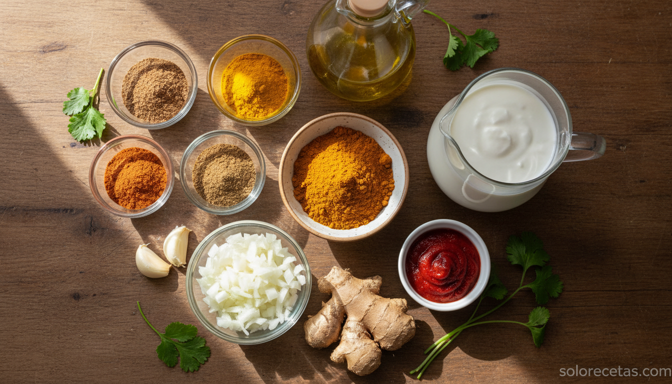 Ingredientes para preparar salsa hindú casera dispuestos en una encimera de madera