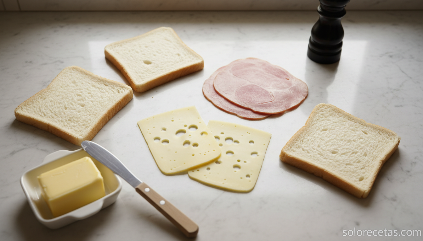 Ingredientes para el sándwich bikini sobre encimera de cocina