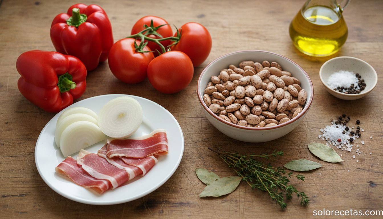 Ingredientes de la sopa de judias pintas: legumbres, pimientos rojos, tomates, cebolla y jamon serrano sobre encimera de madera