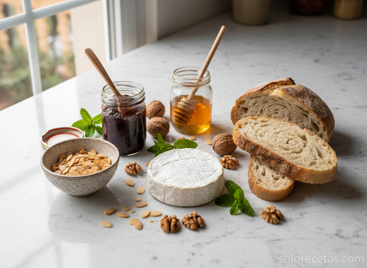 Ingredientes para tapas de queso brie dispuestos sobre encimera de cocina