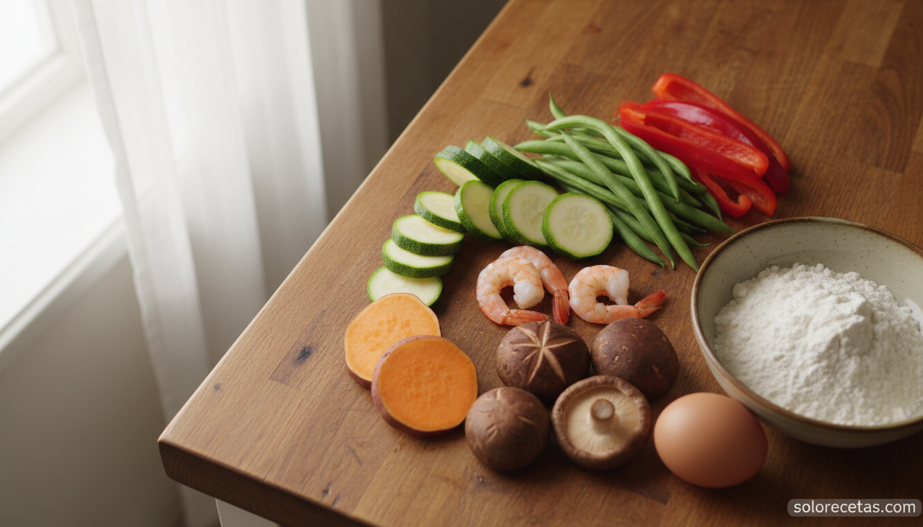 Ingredientes para tempura dispuestos sobre encimera de cocina: verduras cortadas, langostinos y harina