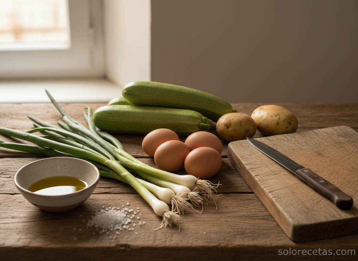 Ingredientes del zarangollo: calabacines, cebollas tiernas, patatas y huevos sobre encimera de madera