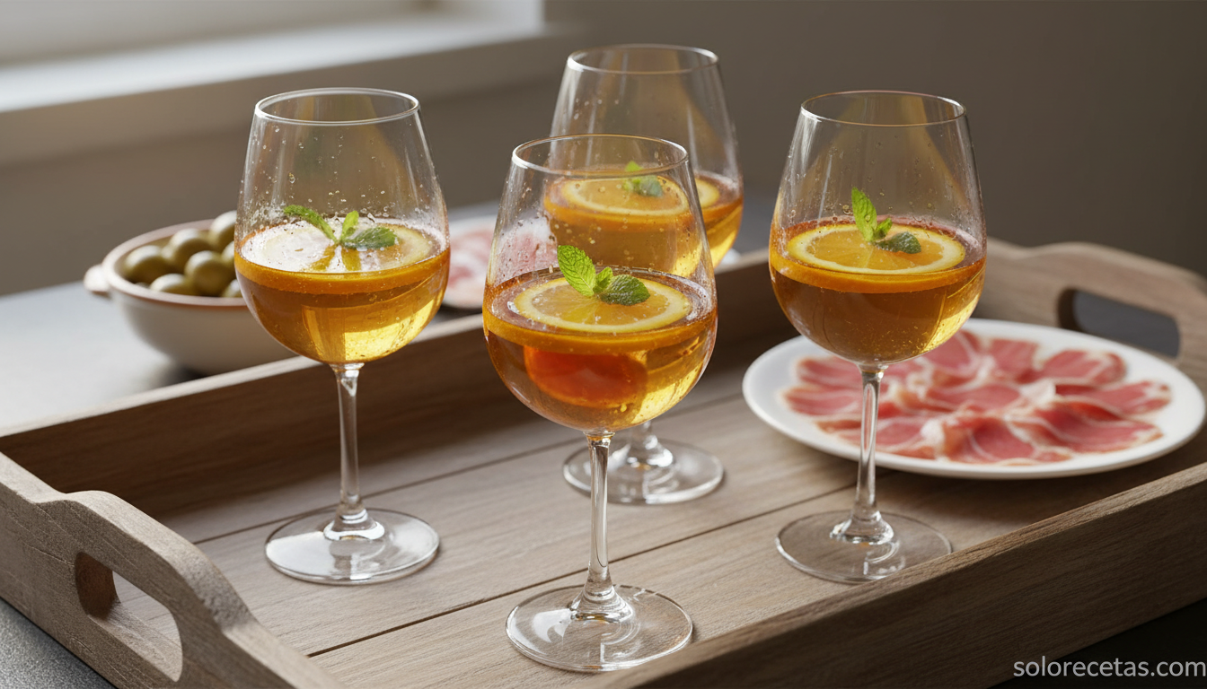 Cuatro copas de jerez con naranja decoradas con rodaja de naranja y menta