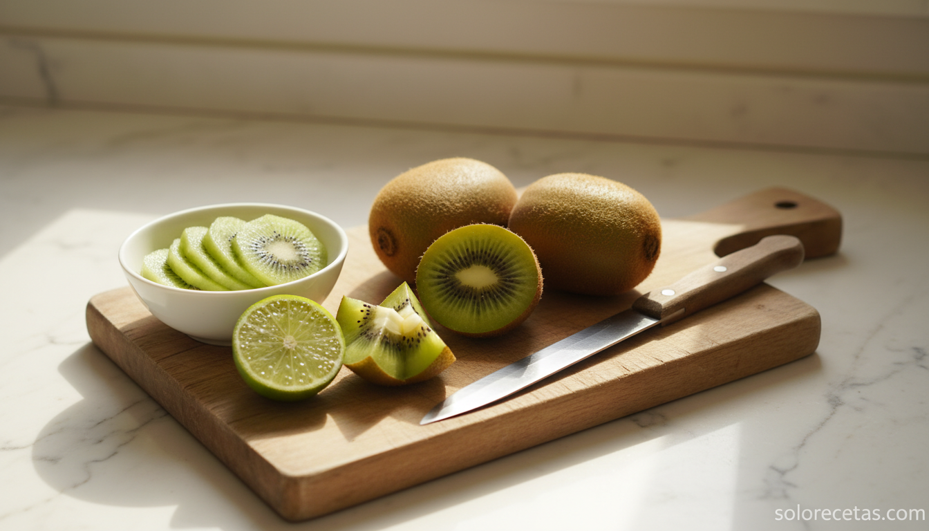 Kiwis pelados y cortados sobre tabla de madera con lima para preparar cóctel