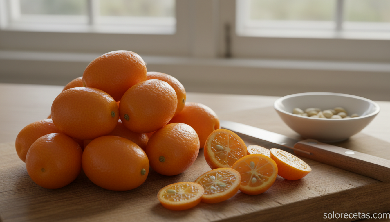Kumquats enteros y cortados en rodajas finas sobre tabla de madera
