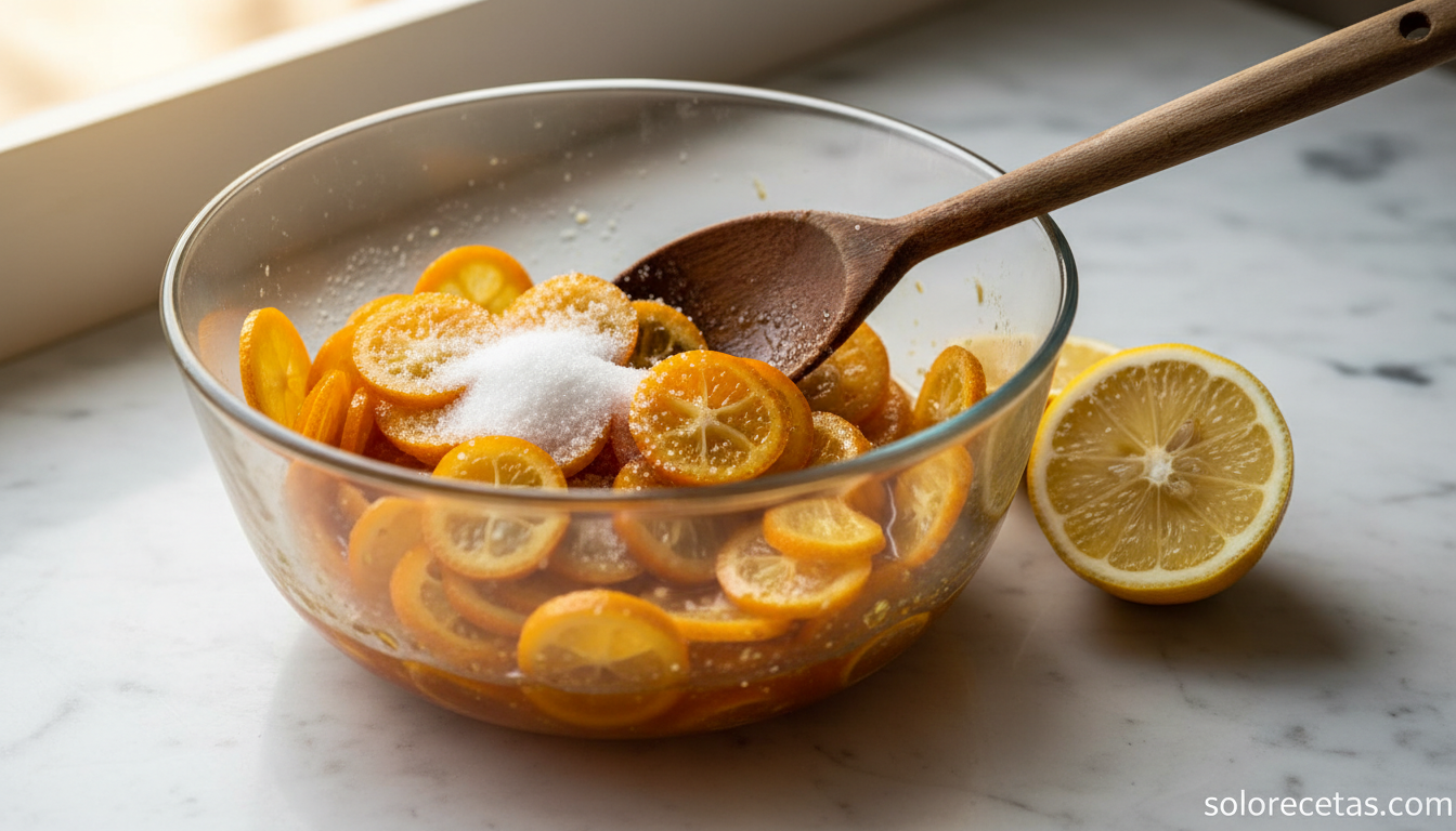 Kumquats macerando con azucar y zumo de limon en bol de cristal