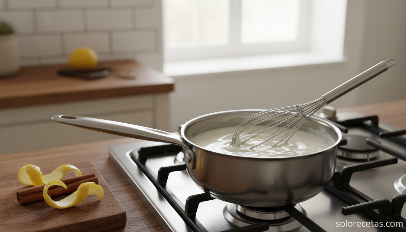 Cazo cocinando la crema espesa de leche y maicena para la leche frita
