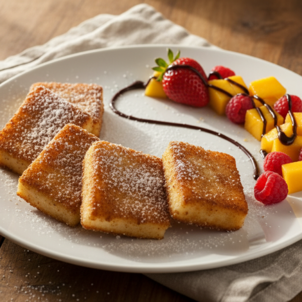 Leche frita tradicional servida con fresas, frambuesas y mango