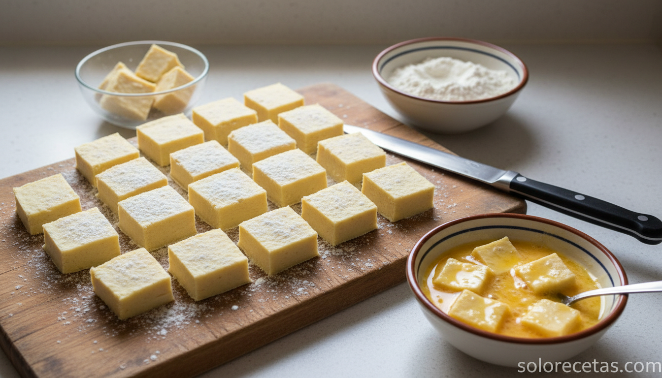 Cuadrados de masa de leche frita cortados y rebozados en harina y huevo
