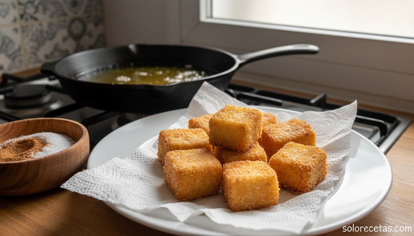 Cuadrados de leche frita dorados sobre papel absorbente listos para rebozar en azucar