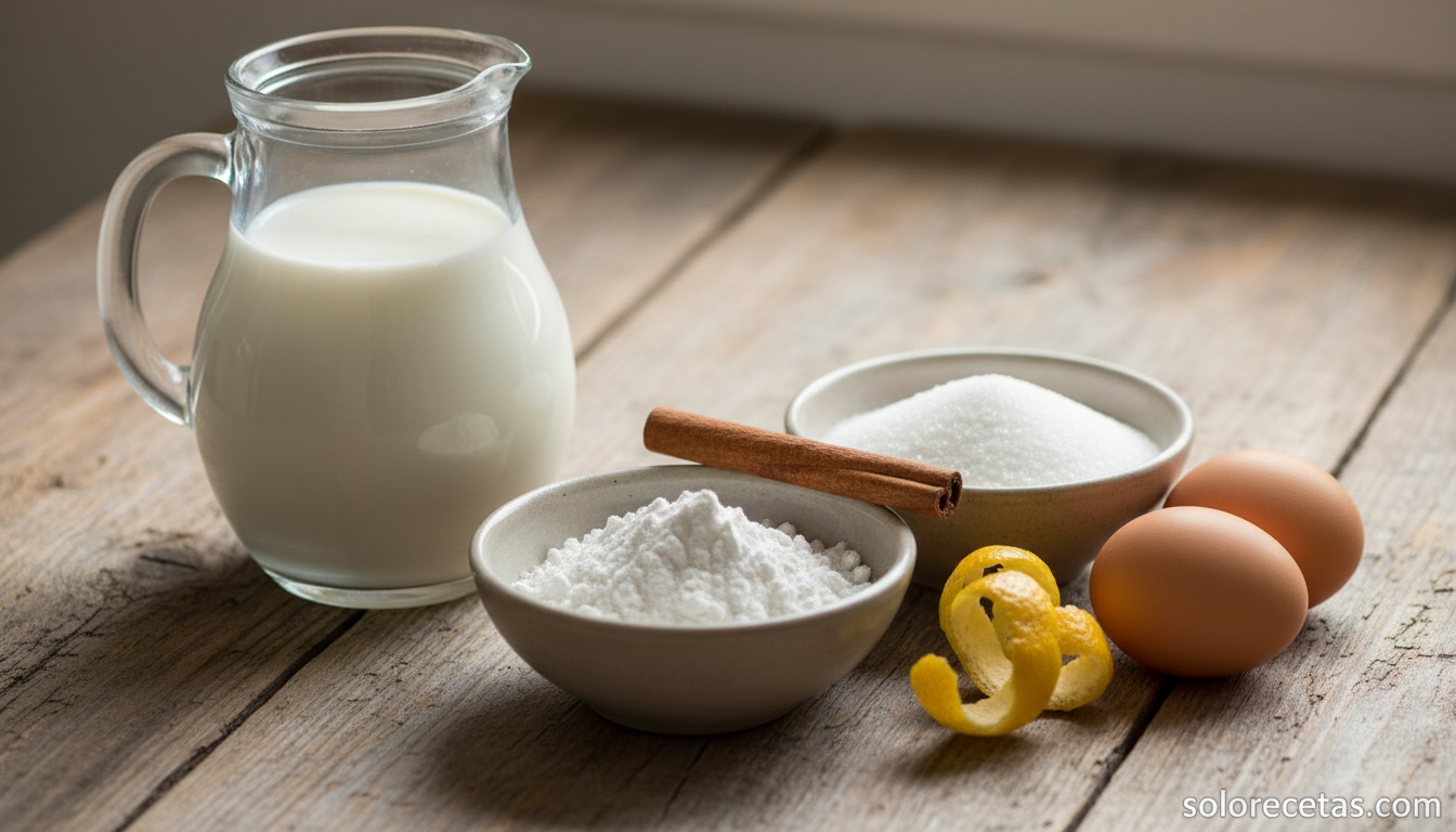 Ingredientes para preparar leche frita: leche, maicena, azucar, canela y limon