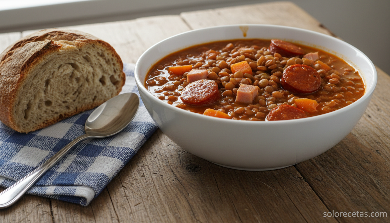 Cocina para novatos: el libro de Laura Donada para aprender desde cero 2 Plato de lentejas con chorizo servido en bol blanco sobre mesa de cocina