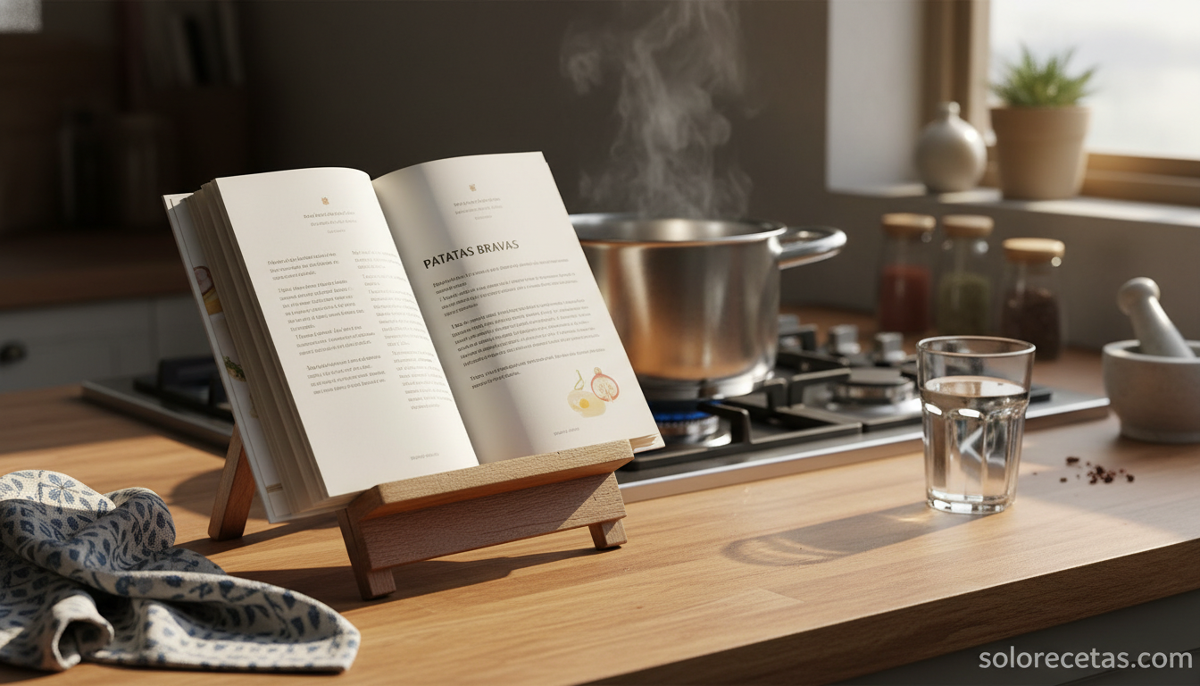 Libro de cocina abierto en encimera mientras se cocina en la sartén
