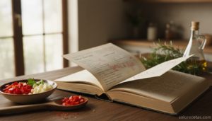 Libro de recetas sencillas para novatos y cocinillas abierto sobre encimera de cocina con utensilios