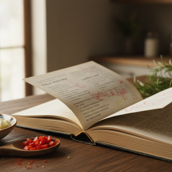 Libro de recetas sencillas para novatos y cocinillas abierto sobre encimera de cocina con utensilios