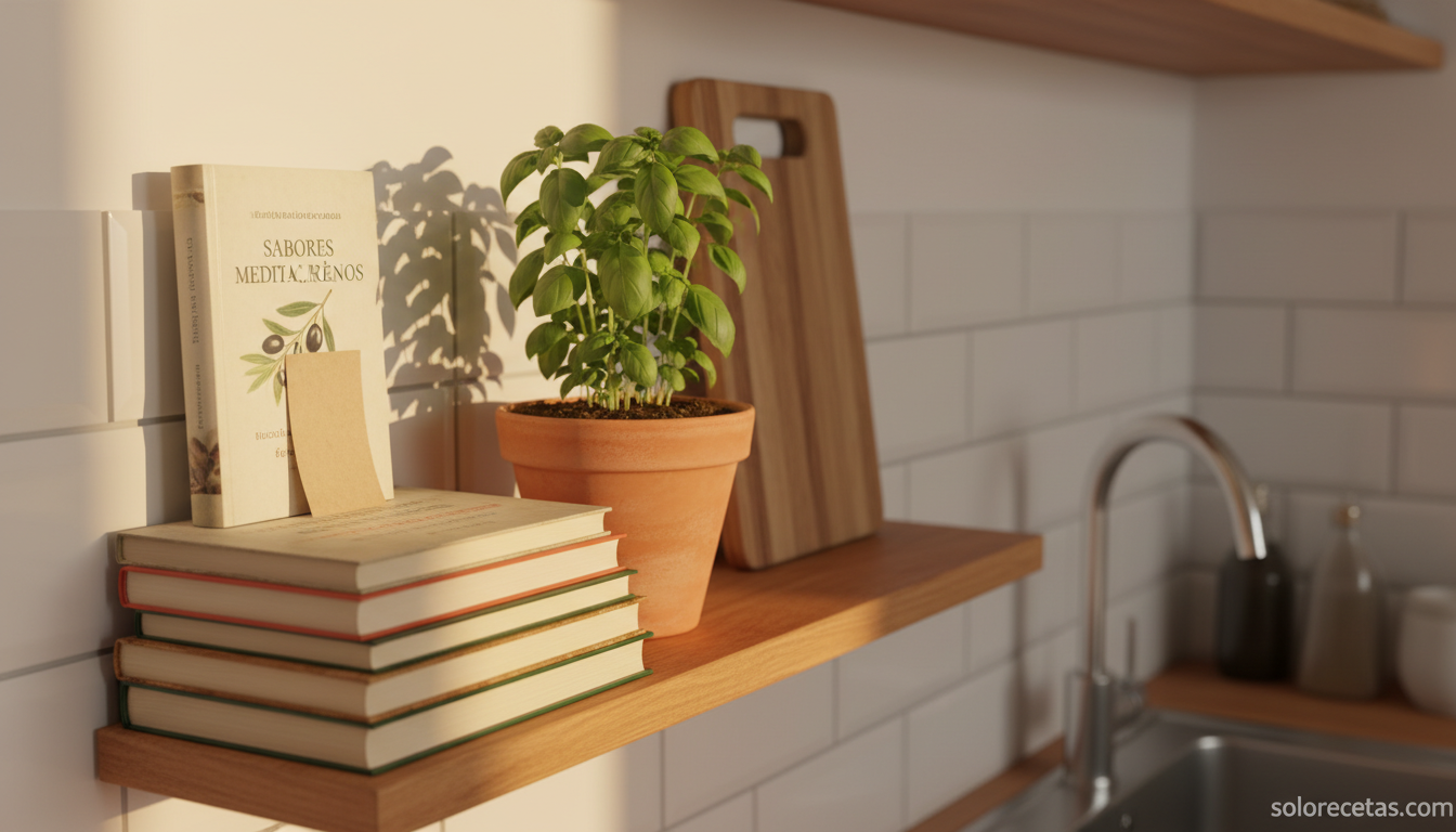 Estantería casera con libros de cocina españoles y planta aromática