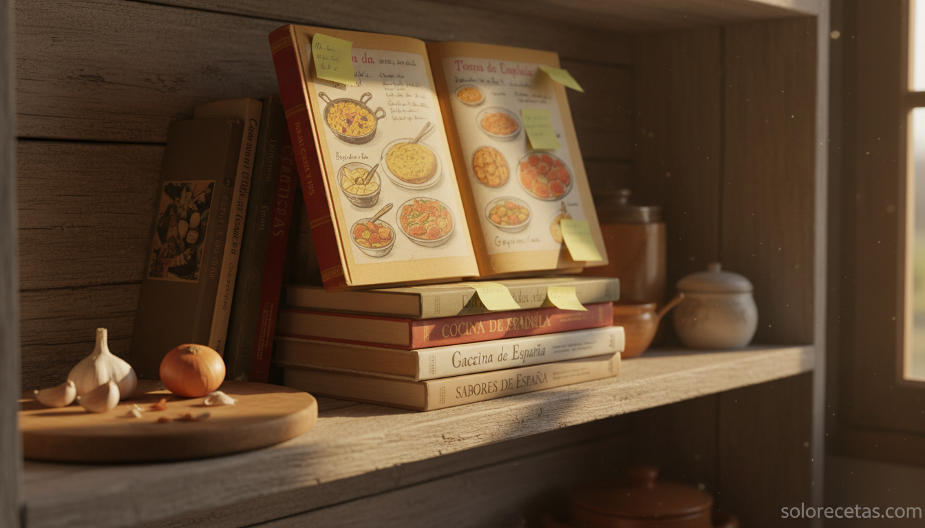 Recetas sencillas para novatos y cocinillas: el libro que enseña a cocinar de verdad 1 Pila de libros de cocina con uno abierto sobre estantería de madera en cocina doméstica