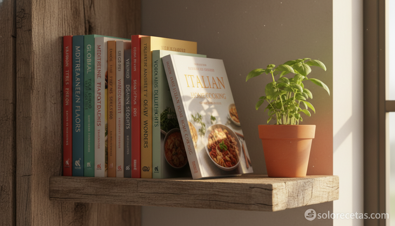 Los mejores libros de cocina: guía para elegir tu próximo favorito 2 Estantería de libros de cocina temáticos en una cocina casera