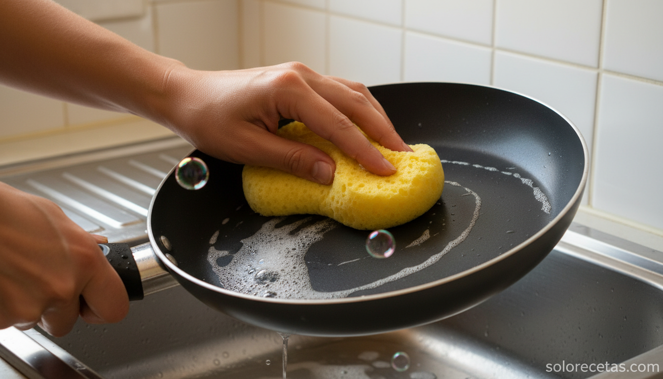 Manos limpiando una sartén antiadherente con esponja suave y agua tibia