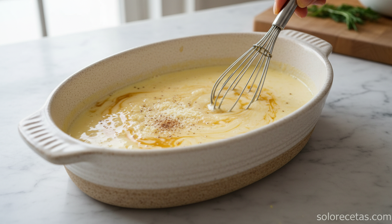 Mezcla de huevo, leche y queso para macarrones a la catalana