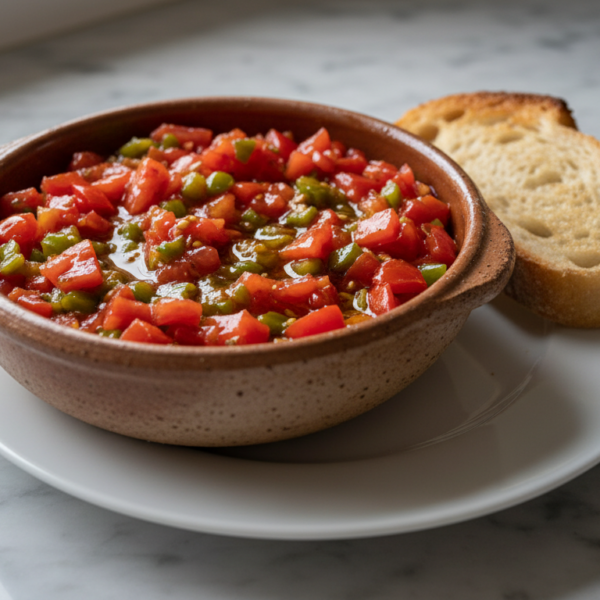Machacón de tomate servido en cuenco rústico con aceite de oliva y pan tostado