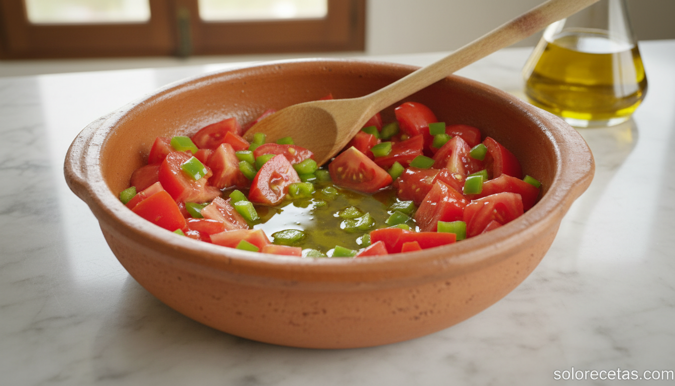 Machacón de tomate recién mezclado en cuenco de barro con cuchara de madera