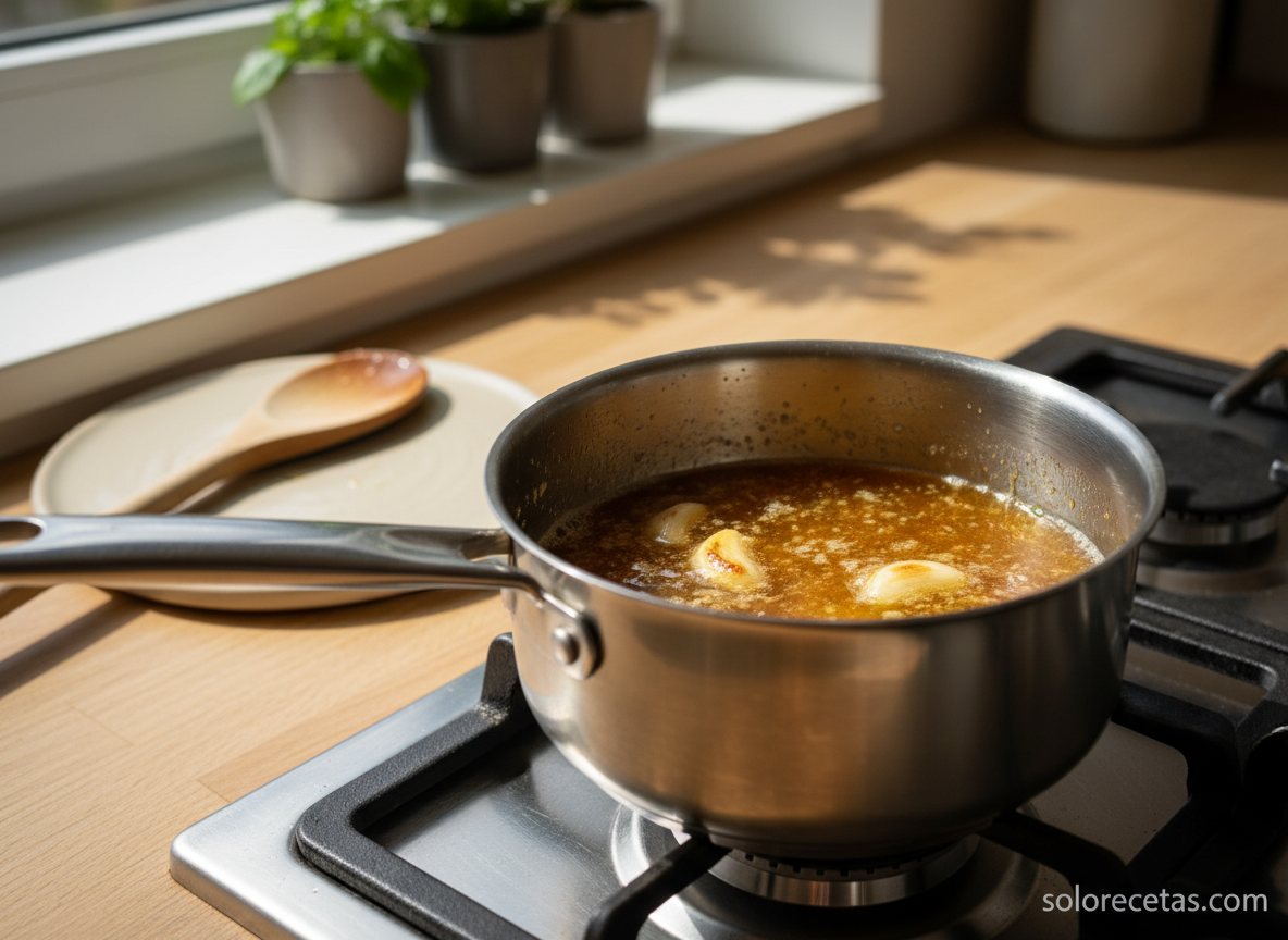 Espaguetis con nueces: receta italiana fácil en 20 minutos 2 Mantequilla avellana dorada con ajo en una sarten