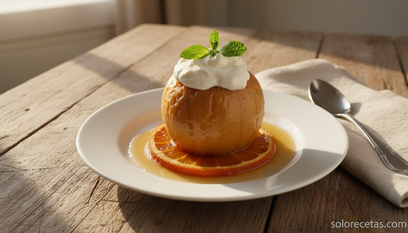 Manzana asada emplatada con nata montada y almíbar de naranja