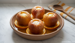 Manzanas asadas al horno con naranja y mantequilla en fuente de barro