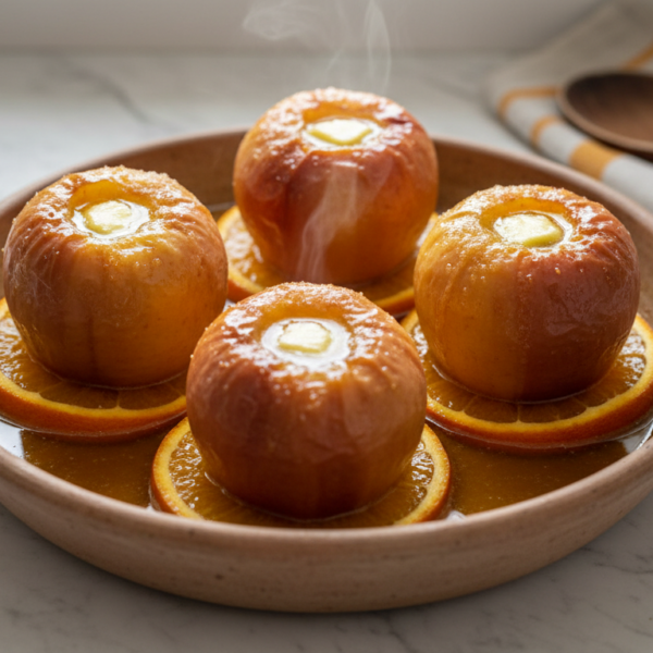 Manzanas asadas al horno con naranja y mantequilla en fuente de barro