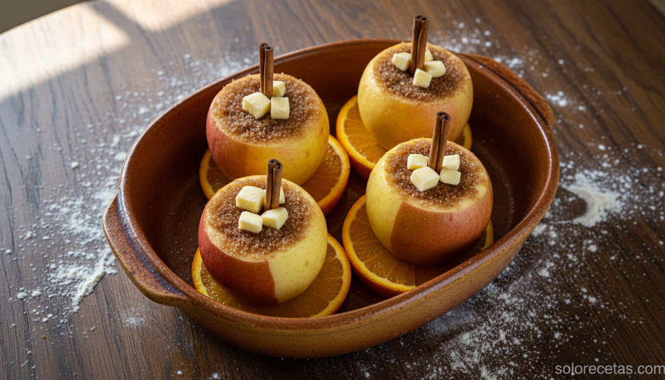Manzanas rellenas de mantequilla y canela sobre rodajas de naranja listas para asar
