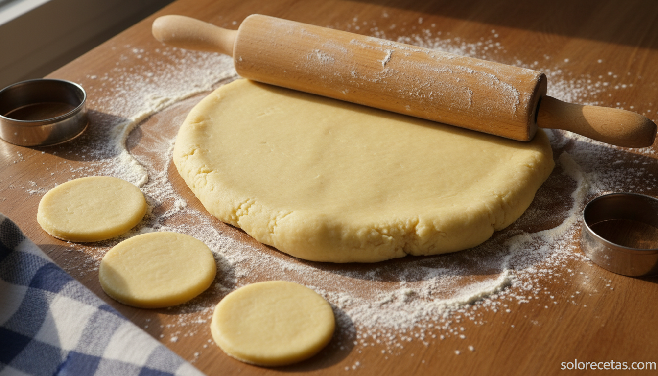 Masa de galletas de mantequilla estirada sobre encimera enharinada con moldes redondos