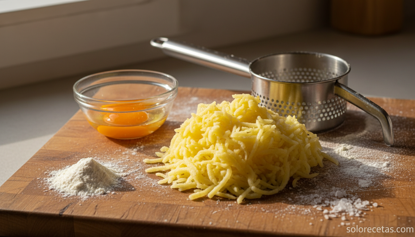 Patata pasada por pasapure con harina y yemas de huevo sobre tabla de madera enharinada