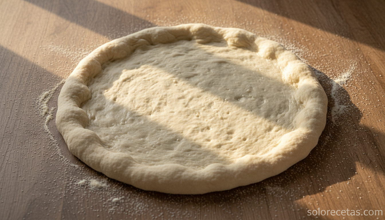 Masa de pizza estirada con borde marcado lista para hornear sobre encimera con sémola