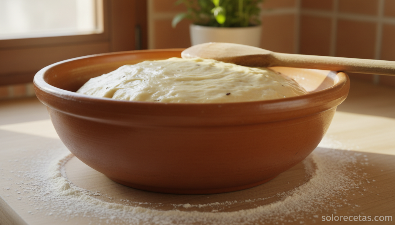 Rosquillas de anis: receta tradicional casera esponjosa y aromatica 2 Masa de rosquillas de anis reposando en bol sobre encimera enharinada