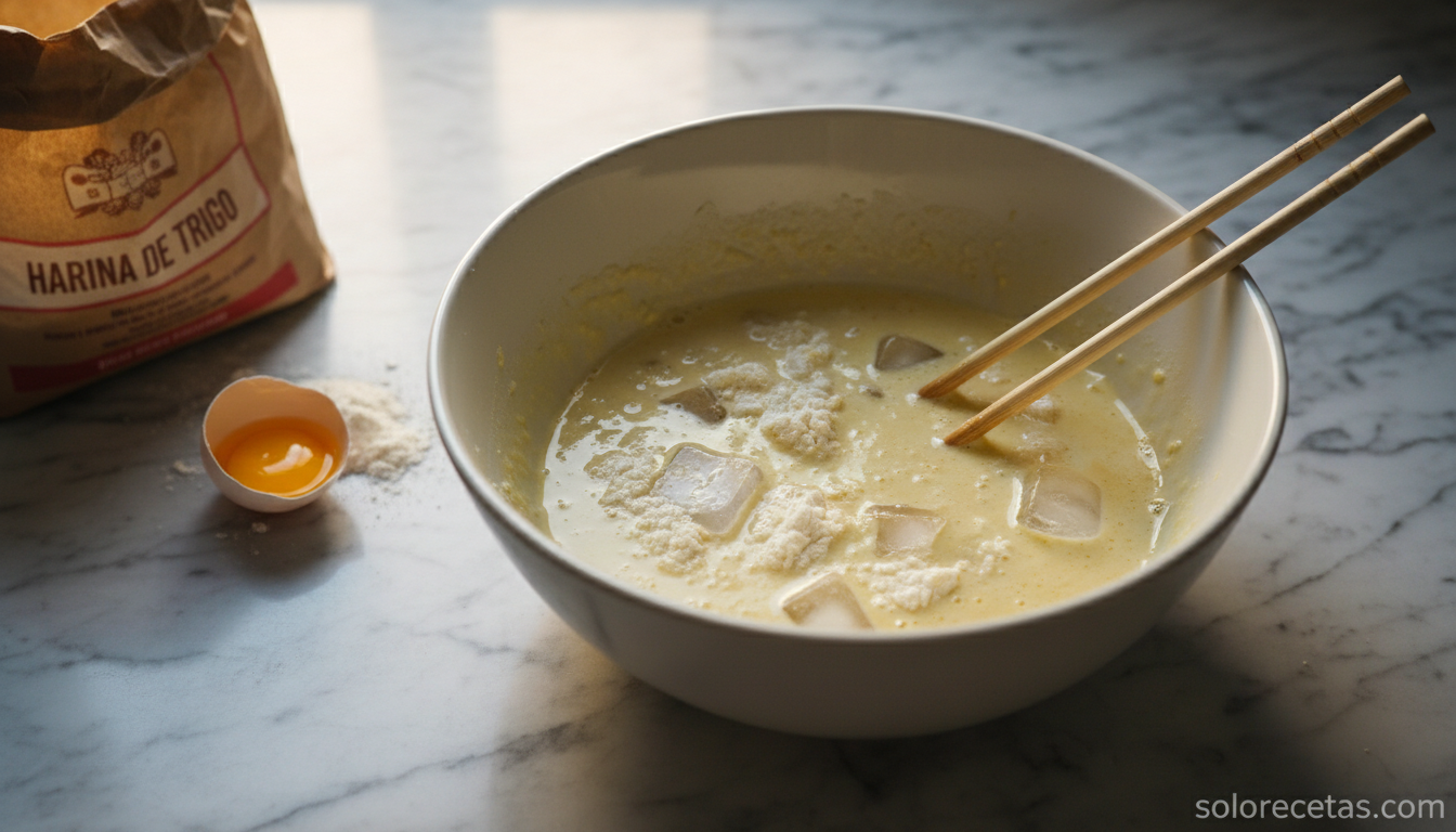 Masa de tempura con grumos y cubitos de hielo en un bol, la textura perfecta para un rebozado crujiente