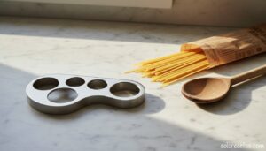 Medidor de espaguetis de diseño sobre encimera de cocina con paquete de pasta