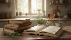 Los mejores libros de cocina sobre una encimera de madera con ingredientes frescos