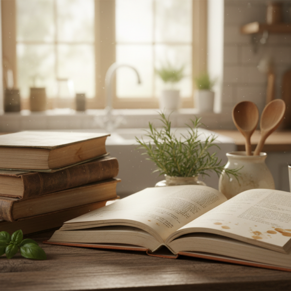 Los mejores libros de cocina sobre una encimera de madera con ingredientes frescos