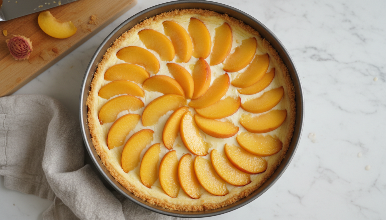 Rodajas de melocotón fresco colocadas sobre la tarta de requesón