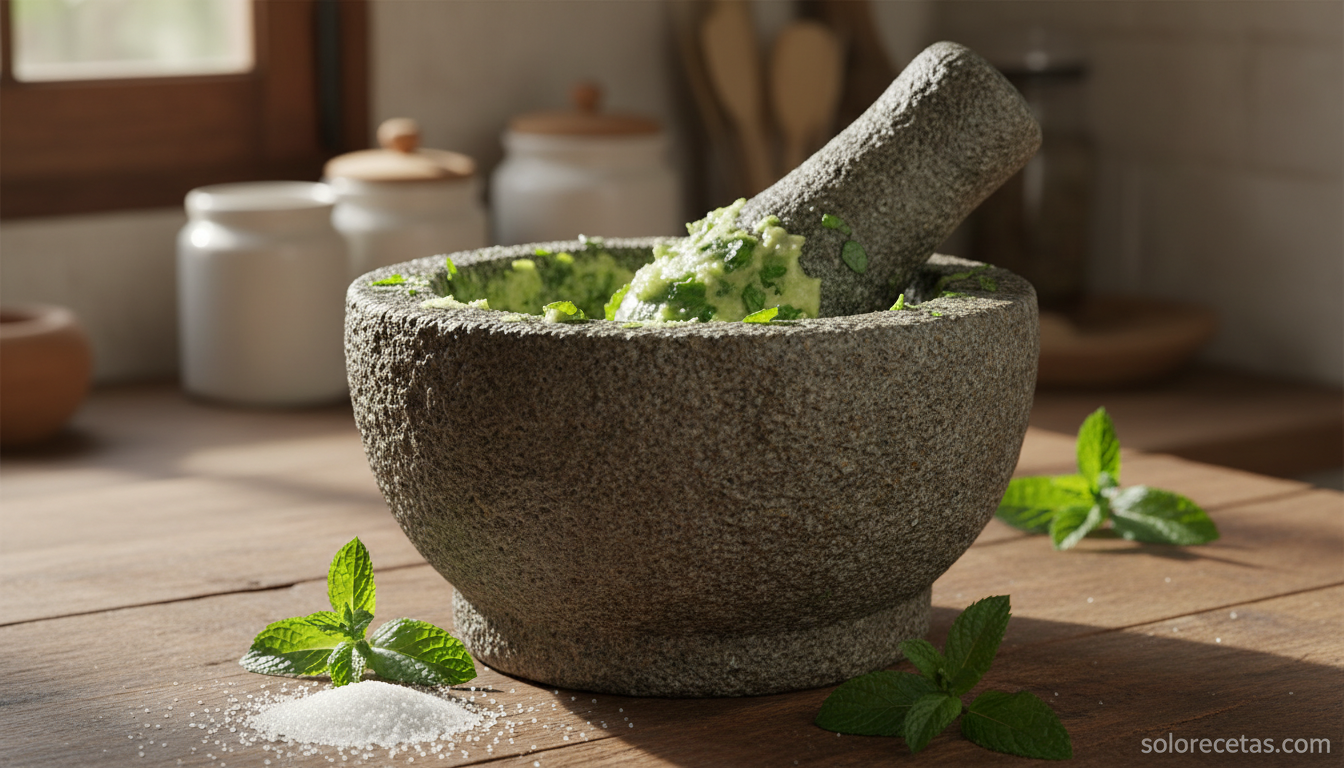 Menta fresca machacada con azúcar en mortero de piedra