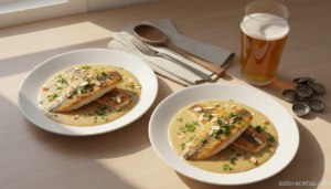 Plato de lomos de merluza a la cerveza con salsa cremosa y almendras