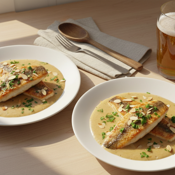 Plato de lomos de merluza a la cerveza con salsa cremosa y almendras