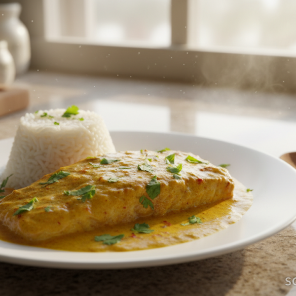 Merluza al curry cremosa servida con arroz basmati