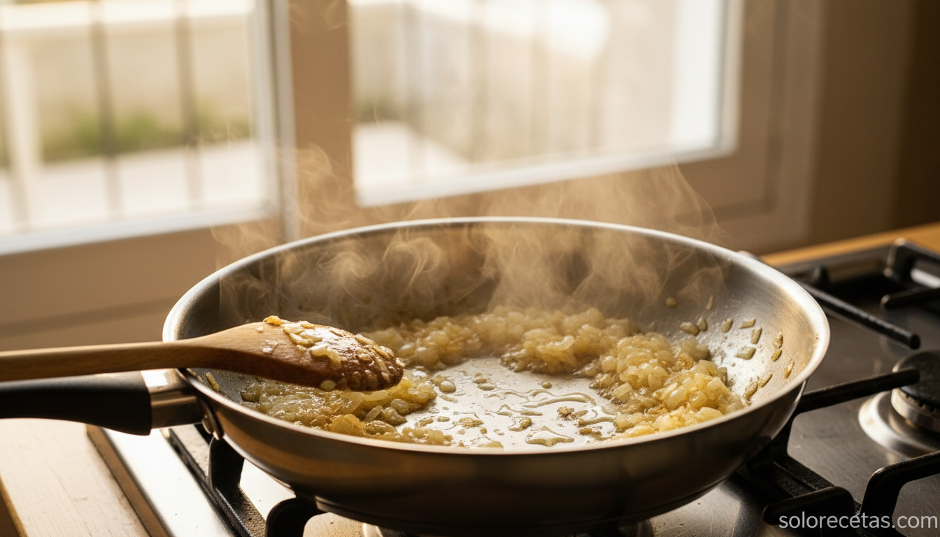 Cebolla y ajo pochándose lentamente en una sartén