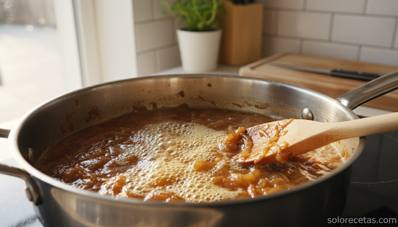 Cerveza reduciéndose en una sartén con cebolla dorada